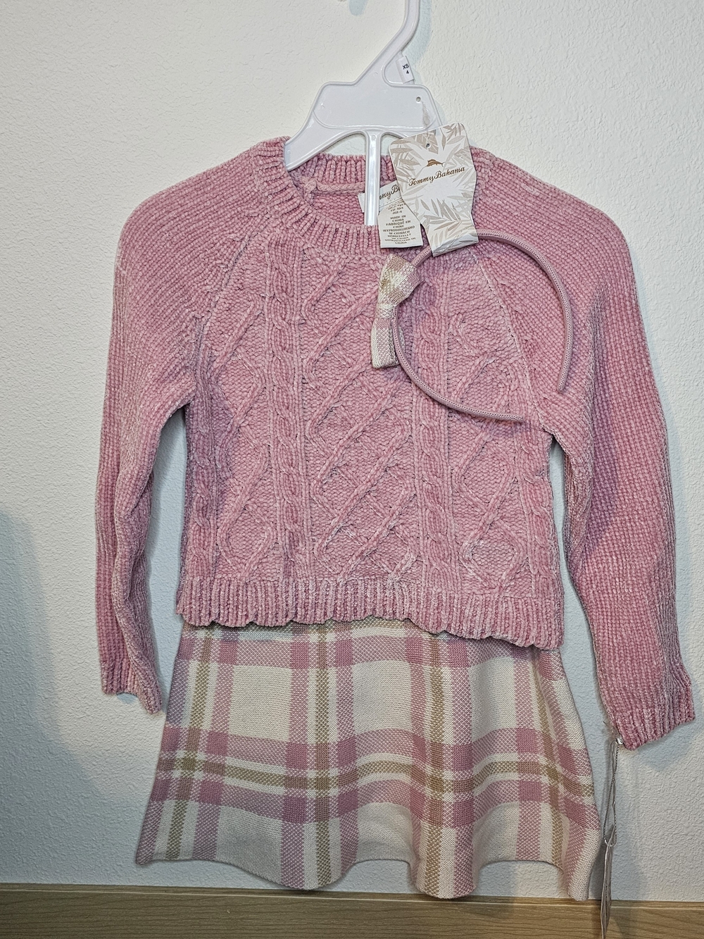 Tommy Bahama Pink Cable Knit Sweater Dress with Plaid Skirt and Headband